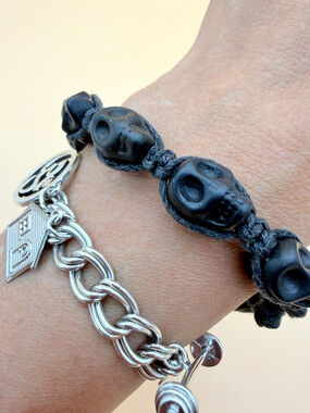 Skull Bead Bracelet Black Adjustable Macrame Cord Gothic Punk Biker Unisex